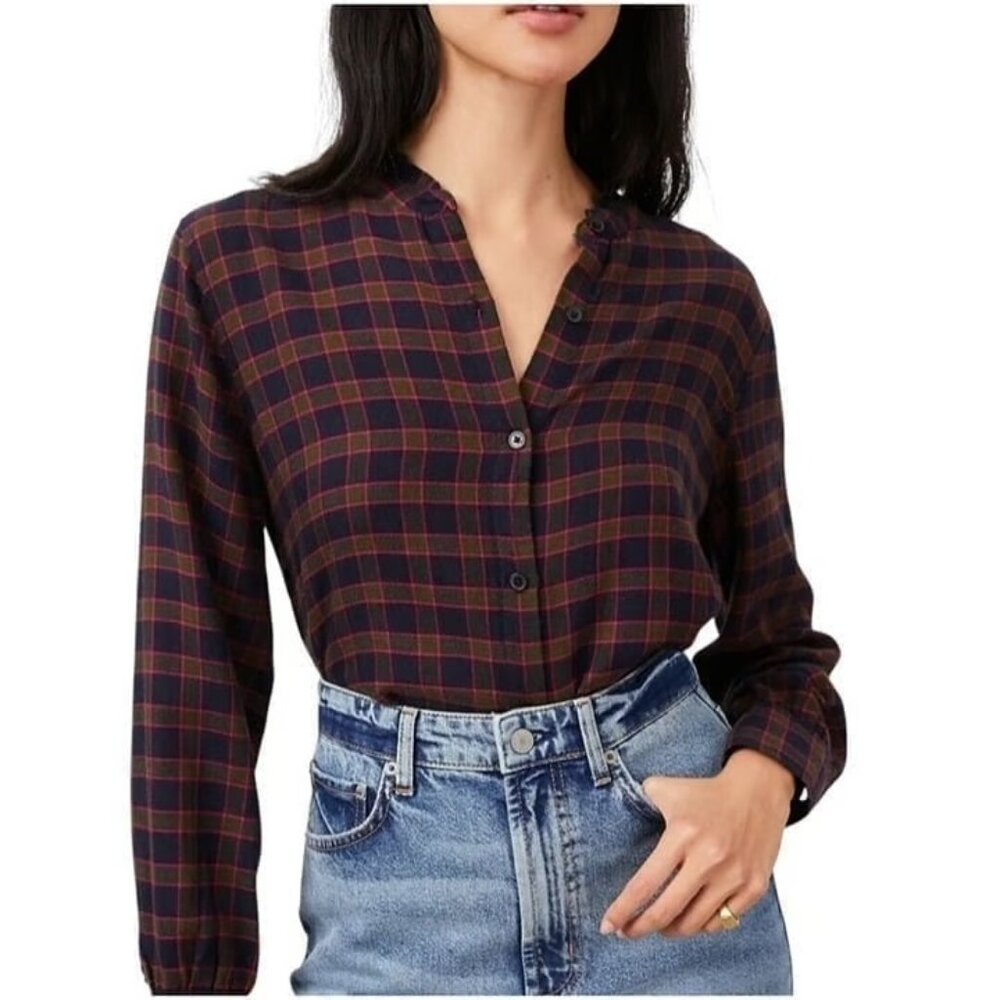 Rails Pink, Navy, and Green Plaid Button Up Shirt Size S with Feminine Neck Deta